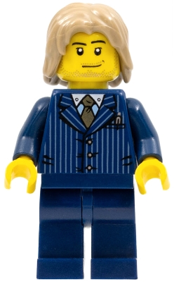 Businessman - Pinstripe Jacket and Gold Tie, Dark Blue Legs, Dark Tan Mid-Length Tousled Hair, Smirk and Stubble