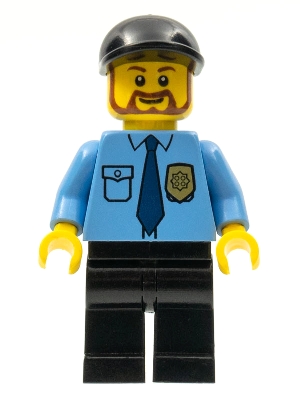 Police - City Shirt with Dark Blue Tie and Gold Badge, Black Legs, Black Short Bill Cap, Brown Beard Rounded