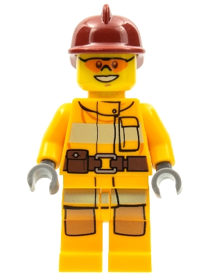 Fireman, Bright Light Orange Fire Suit, Dark Red Helmet, Orange Sunglasses