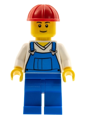 Blue Overalls and White V-Necked Shirt, Red Hard Hat