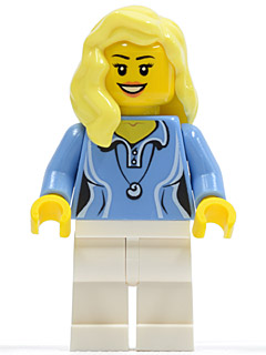 Medium Blue Female Shirt with Two Buttons and Shell Pendant, White Legs, Bright Light Yellow Female Hair over Shoulder