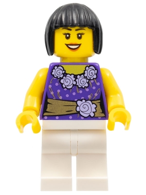 Female Dark Purple Blouse with Gold Sash and Flowers, White Legs, Black Bob Cut Hair
