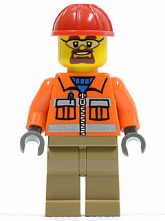Construction Worker - Orange Zipper, Safety Stripes, Orange Arms, Dark Tan Legs, Red Construction Helmet, Safety Goggles