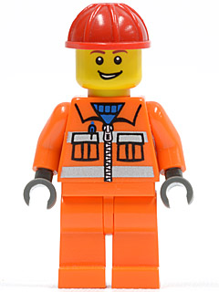 Construction Worker - Orange Zipper, Safety Stripes, Orange Arms, Orange Legs, Red Construction Helmet, Open Grin