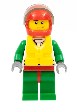 Octan - Jacket with Red and Green Stripe, Red Hips and Green Legs, Red Helmet, Trans-Black Visor, Smirk and Stubble Beard, Life Jacket Center Buckle
