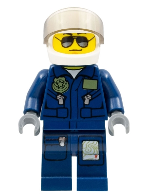 Forest Police - Helicopter Pilot, Dark Blue Flight Suit with Badge, Helmet, Black and Silver Sunglasses, Black Eyebrows