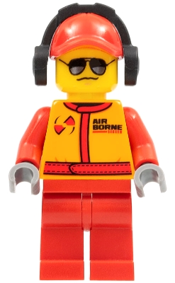 Monster Truck Mechanic, Race Suit with Airborne Spoilers Logo, Red Cap with Hole, Headphones, Black and Silver Sunglasses