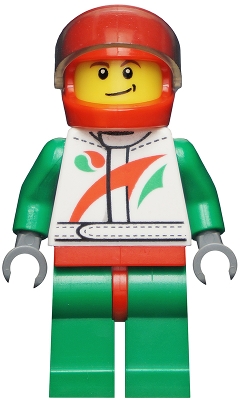 Race Car Driver, White Race Suit with Octan Logo, Red Helmet with Trans-Black Visor, Crooked Smile with Black Dimple
