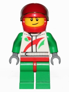 Race Car Driver, White Race Suit with Octan Logo, Red Helmet with Trans-Black Visor, Crooked Smile with Brown Dimple