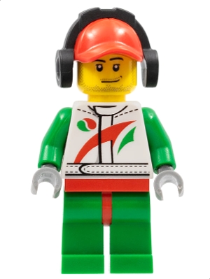 Race Car Mechanic, White Race Suit with Octan Logo, Red Cap with Hole, Headphones, Smirk and Stubble Beard