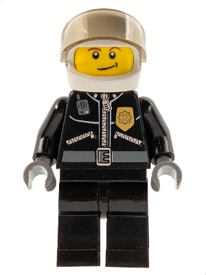 Police - City Leather Jacket with Gold Badge and &#39;POLICE&#39; on Back, White Helmet, Trans-Black Visor, Crooked Smile