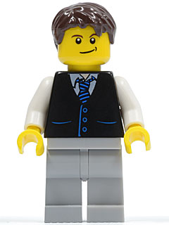 Black Vest with Blue Striped Tie, Light Bluish Gray Legs, White Arms, Dark Brown Short Tousled Hair, Crooked Smile