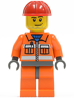 Construction Worker - Orange Zipper, Safety Stripes, Orange Arms, Orange Legs, Dark Bluish Gray Hips, Red Construction Helmet, Smirk and Stubble Beard