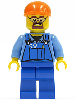 Overalls with Tools in Pocket Blue, Orange Short Bill Cap, Safety Goggles