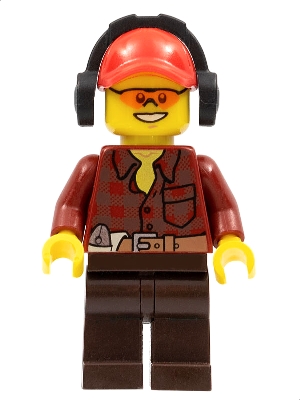 Flannel Shirt with Pocket and Belt, Dark Brown Legs, Red Cap with Hole, Headphones, Orange Sunglasses