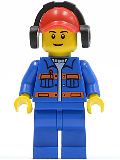 Blue Jacket with Pockets and Orange Stripes, Blue Legs, Red Cap with Hole, Headphones