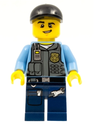 Policeman, Vest with Badge, Pockets, and Radio, Black Cap