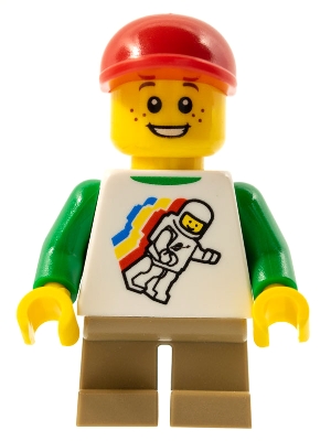 Boy, Floating Classic Spaceman on Shirt, Short Tan Legs, Red Cap