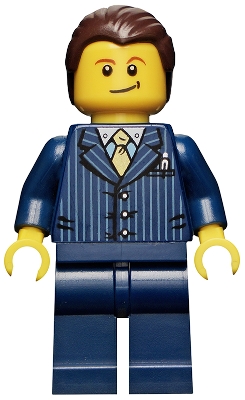 Businessman Pinstripe Jacket and Gold Tie, Dark Blue Legs, Dark Brown Hair, Crooked Smile