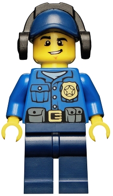 Police - City Officer, Gold Badge, Dark Blue Cap with Hole, Headphones, Lopsided Grin