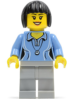 Medium Blue Female Shirt with Two Buttons and Shell Pendant, Light Bluish Gray Legs, Black Bob Cut Hair