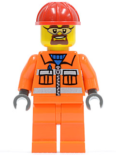 Construction Worker - Orange Zipper, Safety Stripes, Orange Arms, Orange Legs, Red Construction Helmet, Beard and Safety Goggles