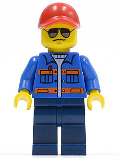 Blue Jacket with Pockets and Orange Stripes, Dark Blue Legs, Red Cap with Hole, Sunglasses, NO Back Print