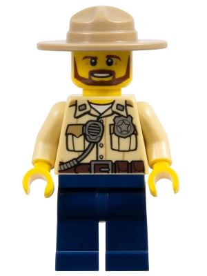 Swamp Police / Ranger, Tan Shirt with Badge and Radio, Dark Blue Legs, Dark Tan Campaign Hat, Beard