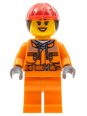Construction Worker - Female, Orange Safety Jacket, Reflective Stripe, Sand Blue Hoodie, Orange Legs, Red Construction Helmet with Dark Brown Hair, Peach Lips