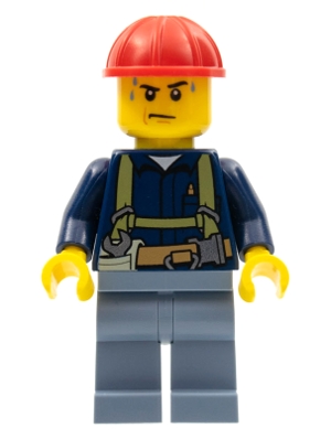 Construction Worker - Shirt with Harness and Wrench, Sand Blue Legs, Red Construction Helmet, Sweat Drops
