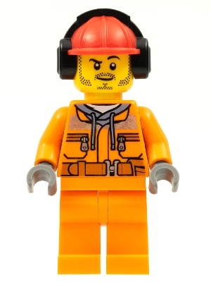 Construction Worker - Male, Orange Safety Jacket, Reflective Stripe, Sand Blue Hoodie, Orange Legs, Red Construction Helmet with Black Headphones, Stubble
