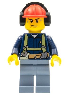 Construction Worker - Shirt with Harness and Wrench, Sand Blue Legs, Red Construction Helmet with Headphones, Sweat Drops