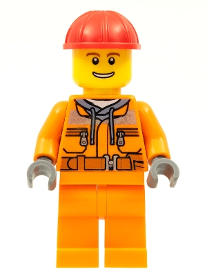 Construction Worker - Male, Orange Safety Jacket, Reflective Stripe, Sand Blue Hoodie, Orange Legs, Red Construction Helmet, Thin Grin with Teeth
