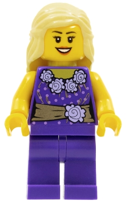 Female Dark Purple Blouse with Gold Sash and Flowers, Dark Purple Legs, Bright Light Yellow Female Hair Mid-Length