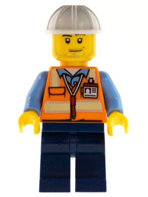 Space Engineer, Male, Orange Vest, Dark Blue Legs, White Construction Helmet, Stubble
