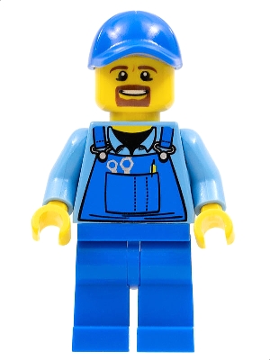 Overalls with Tools in Pocket Blue, Blue Cap with Hole, Brown Moustache and Goatee