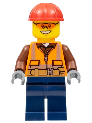 Construction Worker - Male, Orange Safety Vest, Reflective Stripes, Reddish Brown Shirt, Dark Blue Legs, Red Construction Helmet, Orange Safety Glasses