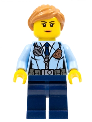 Police - City Officer Female, Jacket with Dark Blue Tie, Radio and Gold Badge, Dark Blue Legs, Medium Nougat Ponytail and Swept Sideways Fringe