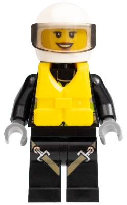 Fire - Reflective Stripes with Utility Belt and Flashlight, Life Jacket Center Buckle, White Helmet, Trans-Black Visor, Peach Lips Open Mouth Smile