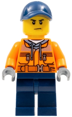 Construction Worker - Male, Orange Safety Jacket, Reflective Stripe, Sand Blue Hoodie, Dark Blue Legs, Dark Blue Cap with Hole, Scowl