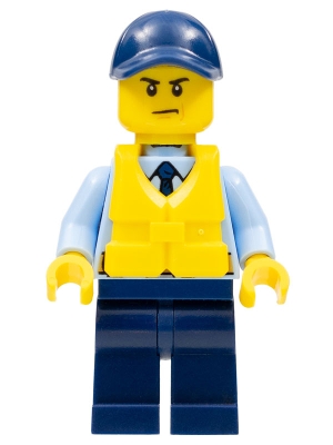 Policeman, Bright Light Blue Jacket with Zipper, Radio, Badge, and Tie, Dark Blue Legs, Dark Blue Cap, Yellow Life Vest