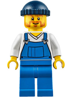 Fire Lighthouse Keeper - Overalls Blue over V-Neck Shirt, Blue Legs, Dark Blue Knit Cap
