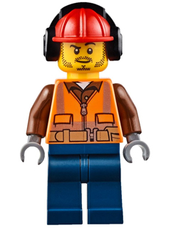 Fire - Male, Orange Safety Vest, Reflective Stripes, Reddish Brown Shirt, Dark Blue Legs, Red Construction Helmet with Black Headphones, Stubble