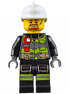 Fire - Reflective Stripes with Utility Belt and Flashlight, White Fire Helmet, Dark Orange Moustache and Goatee, Soot Marks