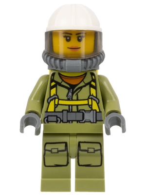 Volcano Explorer - Female Worker, Suit with Harness, Construction Helmet, Breathing Neck Gear with Air Tanks, Trans-Black Visor