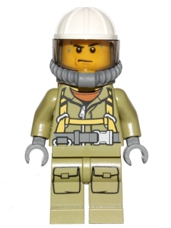 Volcano Explorer - Male Worker, Suit with Harness, Construction Helmet, Breathing Neck Gear with Yellow Air Tanks, Trans-Black Visor, Sweat Drops