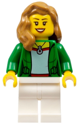 Green Female Jacket Open with Necklace, White Legs, Medium Nougat Female Hair over Shoulder, Open Smile