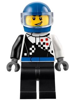 Buggy Driver, Checkered Race Torso, Blue Helmet, Black Legs