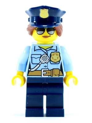 Police - City Officer Female, Bright Light Blue Shirt with Badge and Radio, Dark Blue Legs, Dark Blue Police Hat, Sunglasses