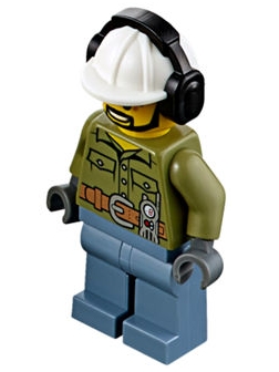 Volcano Explorer - Male, Shirt with Belt and Radio, Black Angular Beard, White Construction Helmet with Black Ear Protector / Headphones